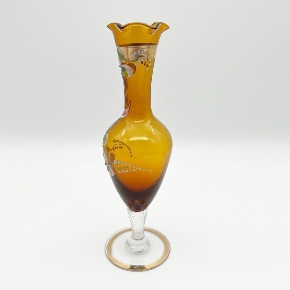 Vintage Amber Art Glass Floral Fluted Hand Painted Bud Vase With Gold Trim 7.75” - Picture 5 of 10